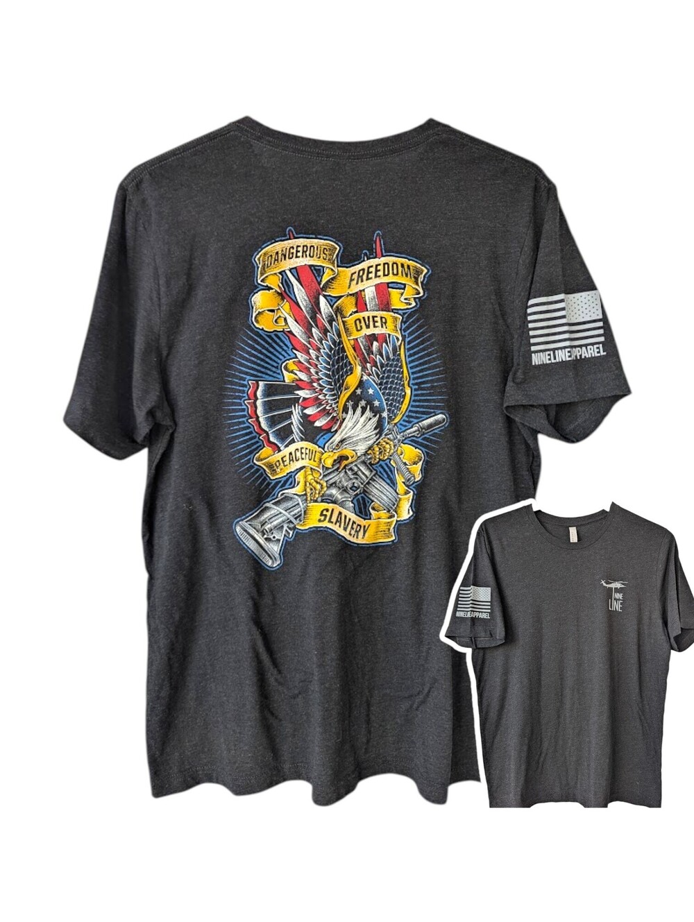 Nine Line Freedom Over Slavery T-Shirt L Gray Eagle Gun Graphic Tee 22.5x29.5